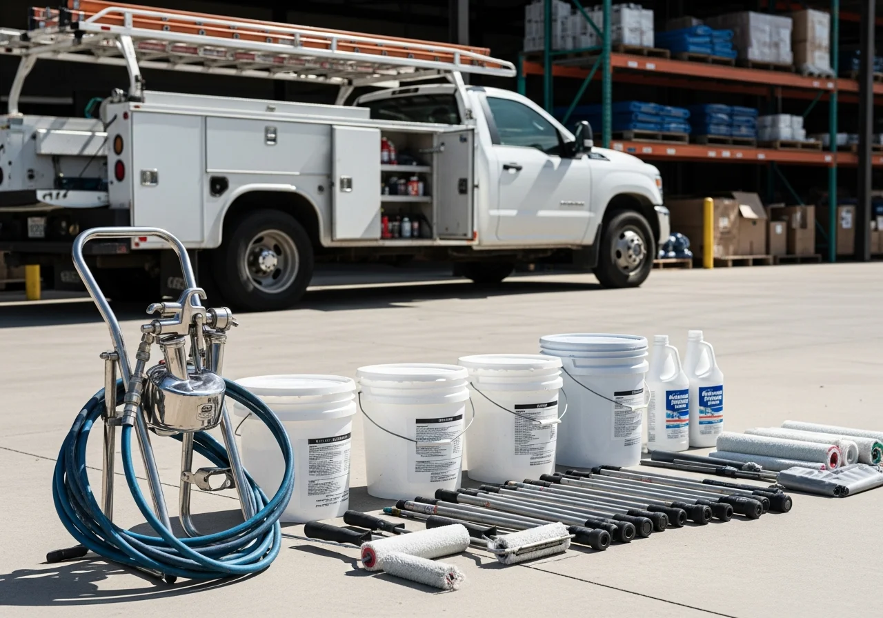 Professional roofing crew with specialized coating equipment and treatment supplies ready for application.