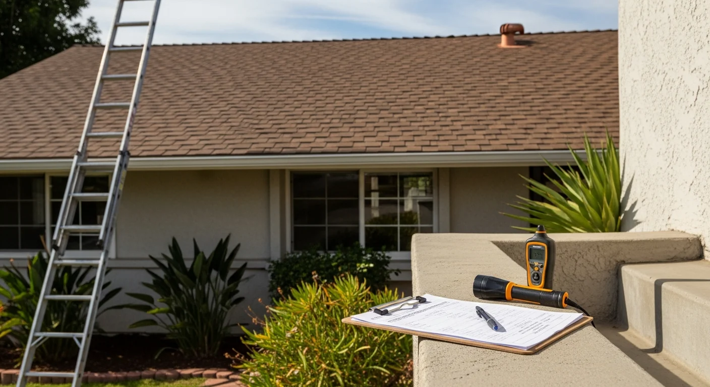 Home inspector examining roof and exterior condition