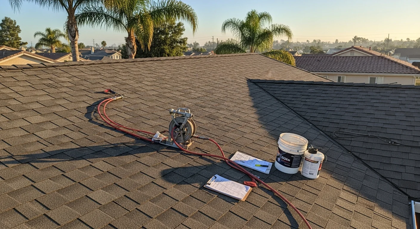 Roofing contractor performing roof inspection and restoration work