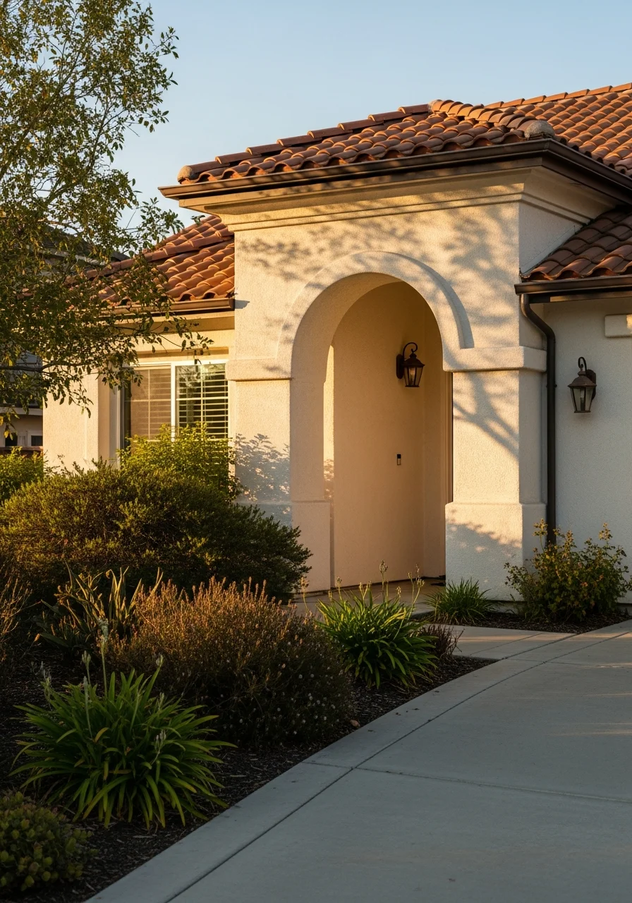 Close-up of a Brea home's front entrance with landscaping and a welcoming driveway.