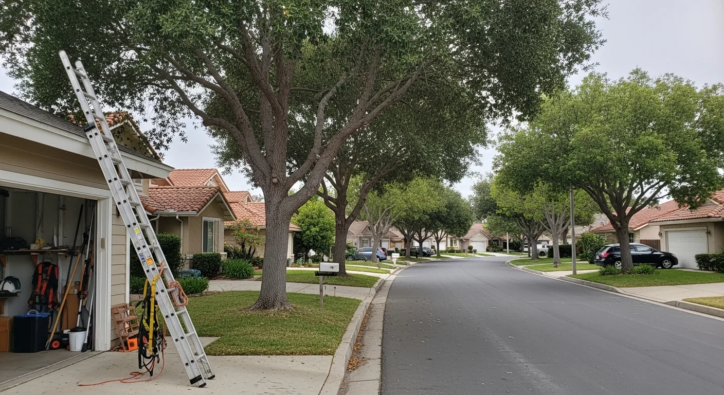 Residential street in Brea with well-maintained homes and mature trees lining the sidewalk.