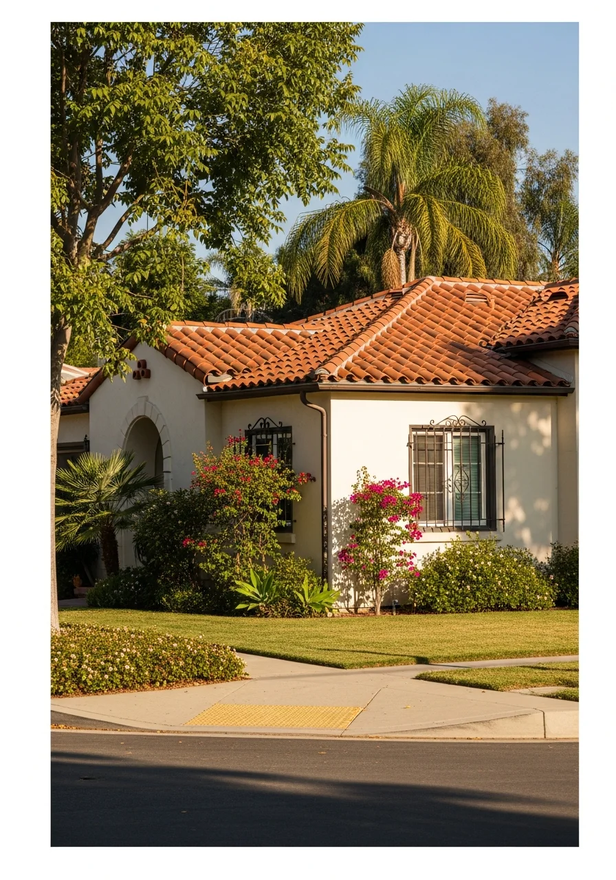 Detail of a Santa Ana home's exterior with mature landscaping and established neighborhood character.