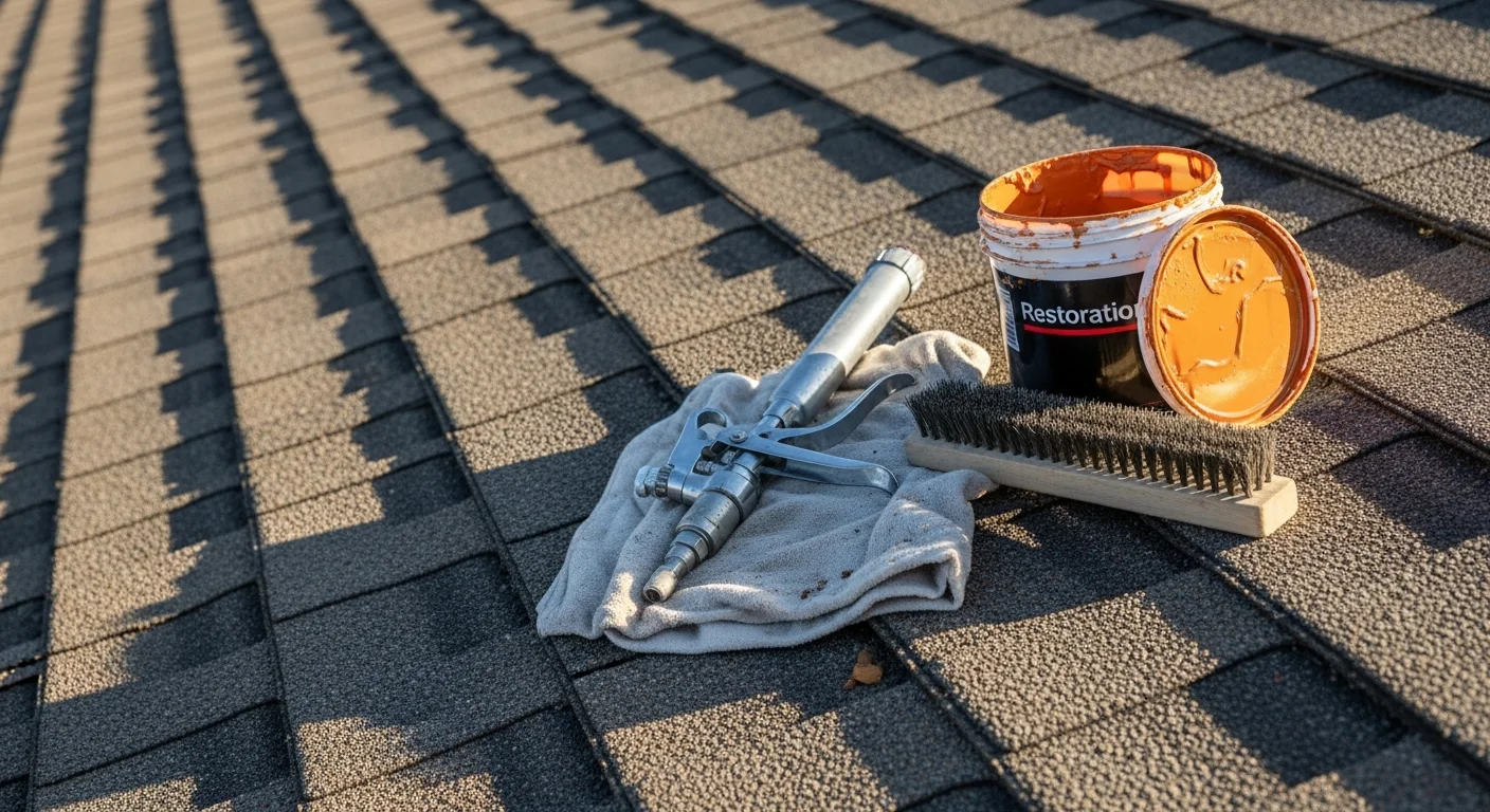 Close-up view of an asphalt shingle roof on a Brea residential home showing restored surface with even granule coverage and sealed edges. The repaired roof contrasts with surrounding weathered shingles showing UV fading and granule loss typical of Southern California heat exposure.
