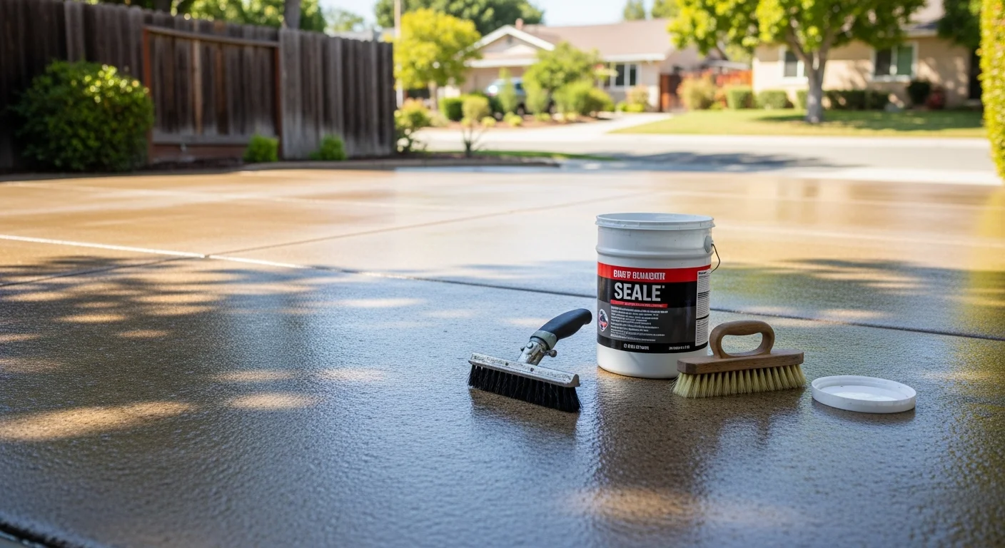 A freshly sealed concrete driveway at a residential property in Brea, California, showing a clean, even surface with a low-sheen protective finish. The surrounding landscape reflects a typical Orange County inland neighborhood setting.