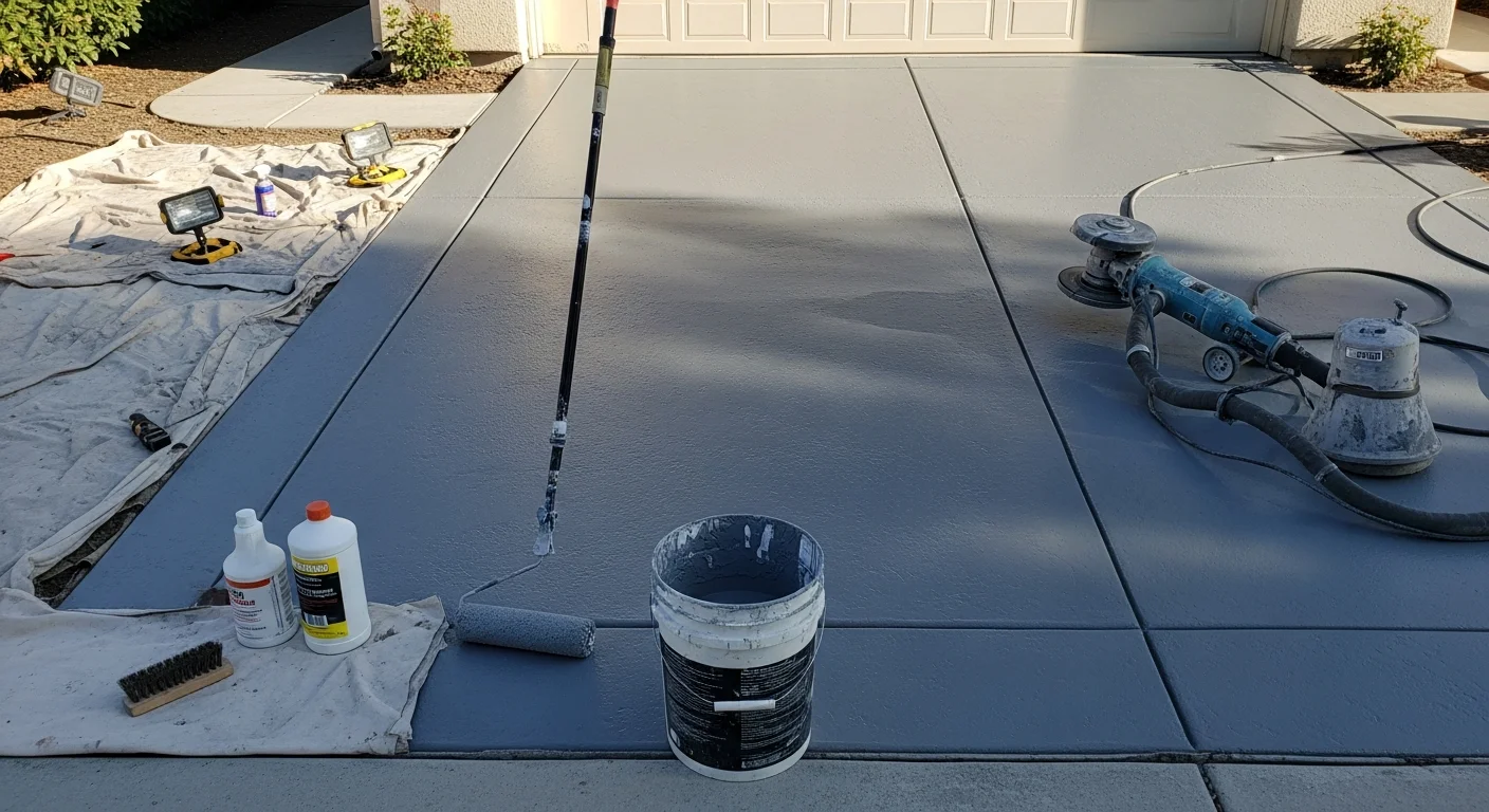 A freshly coated concrete pool deck at a Brea residential property, showing a smooth, slip-resistant finish with even color and clean edges. The coating reflects the bright Southern California sun without visible fading or surface damage.