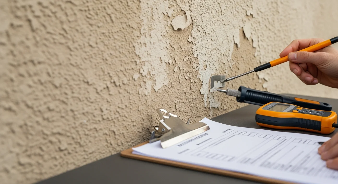 A MST Coatings, Inc. inspector examining the exterior surface and coating condition of a single-family home in Brea, California. Close-up view shows surface wear and substrate evaluation on an older residential property.