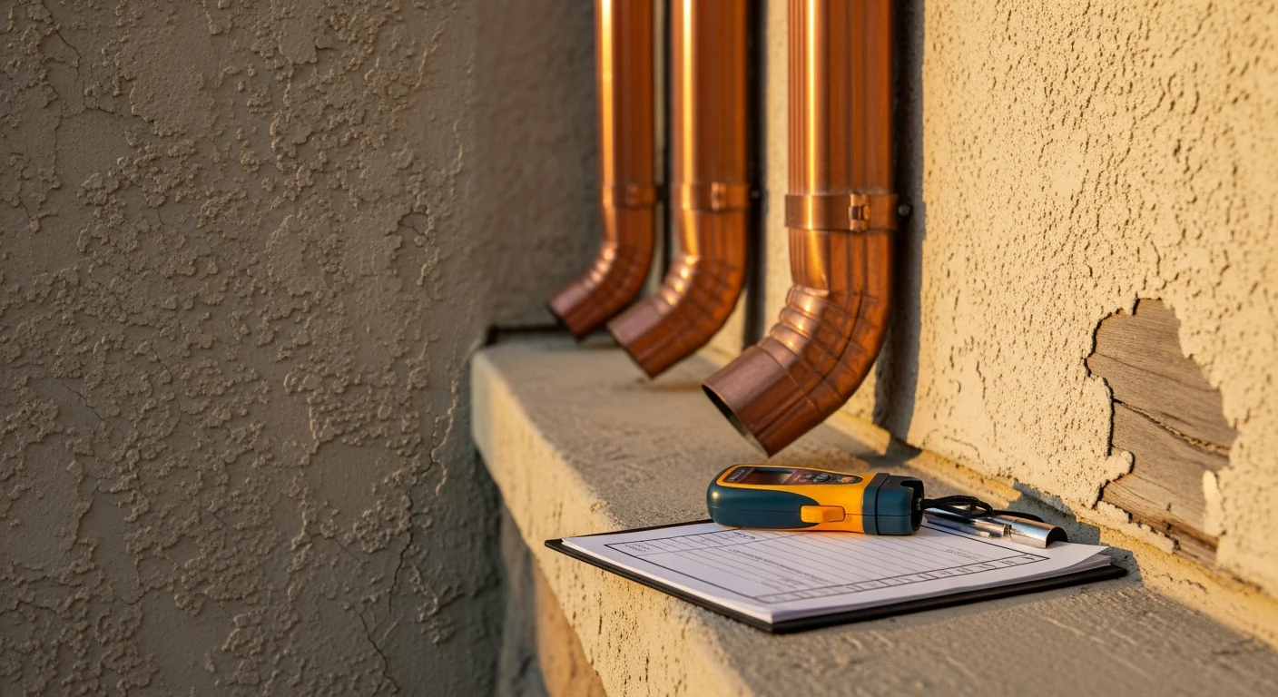 MST Coatings, Inc. inspector examining stucco siding and gutters on a single-family home in Brea, California. Close-up view shows surface cracking and coating wear being documented during an exterior surface inspection.