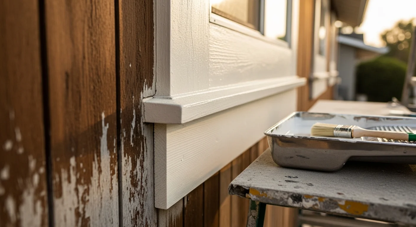 A freshly coated wood exterior on a single-story Brea home, showing smooth, even finish on the trim, fascia, and wood siding under clear Southern California sunlight. The surrounding landscaping and street are visible, placing the property in a typical Brea residential neighborhood.