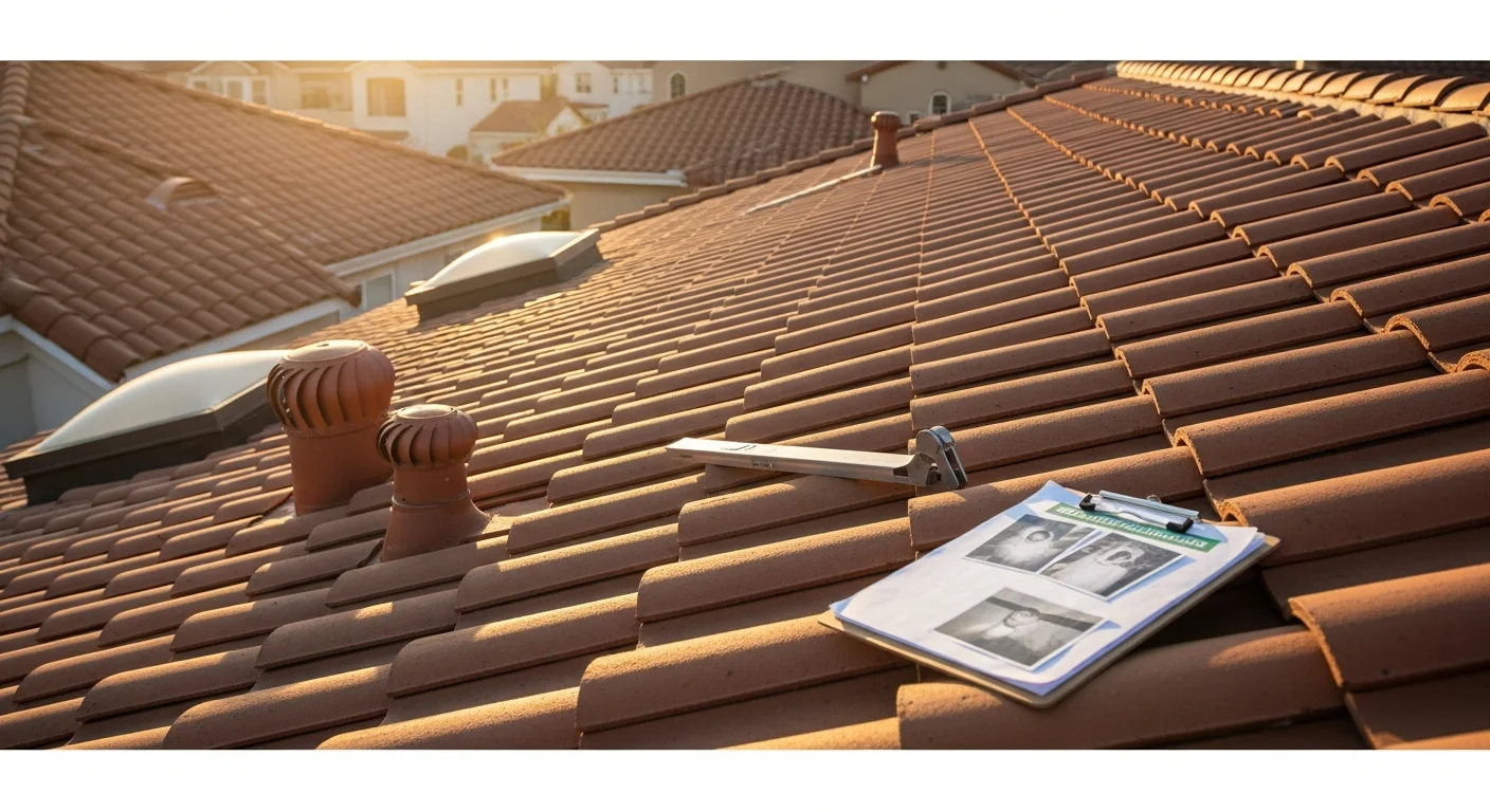 A roof inspector from MST Coatings, Inc. examining a tile roof on a residential home in Brea, California, checking flashings and valley areas for wear and damage. Close-up view shows the inspection process on a sun-exposed Southern California rooftop.