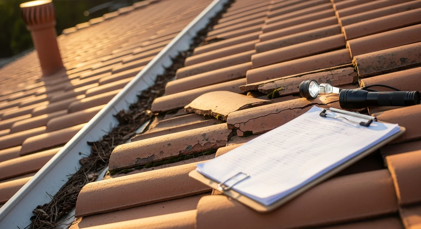 A roofing contractor from MST Coatings, Inc. inspecting a residential tile roof on a single-family home in Brea, California, checking flashings and tile condition under clear Southern California sunlight.