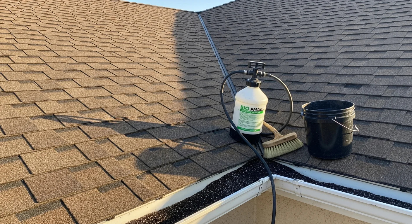 A Brea residential roof after rejuvenation treatment, showing clean, evenly colored asphalt shingles with no visible algae streaks or surface discoloration. The single-story home sits under clear Southern California sky, reflecting the restored condition of the treated roof surface.