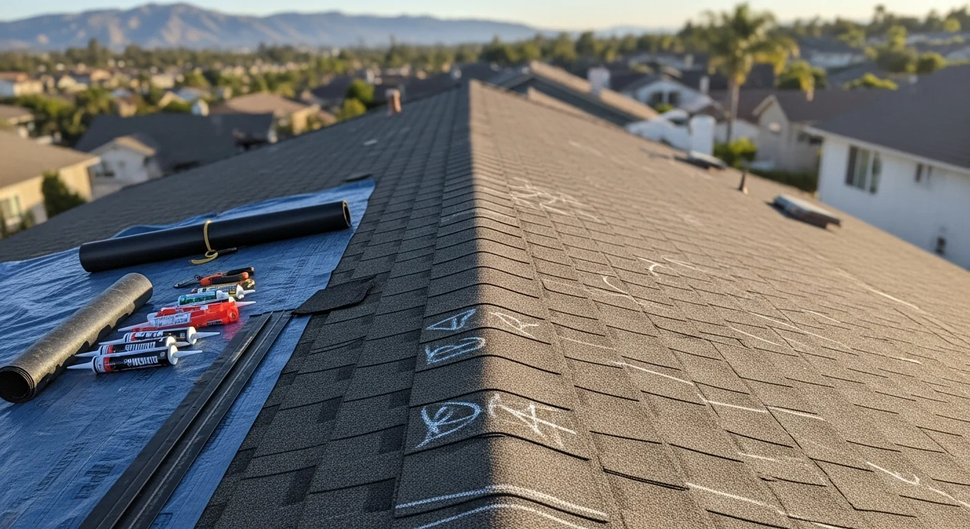 A roofing contractor inspecting damaged flashing and worn roofing sections on a residential home in Brea, California. The image shows a close-up of the repair area with sun-exposed roofing materials and a hillside neighborhood visible in the background.