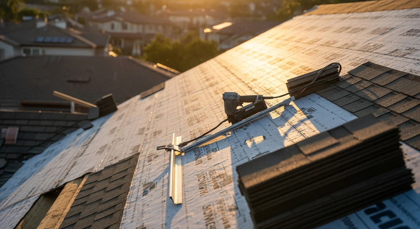 A Brea residential home with a freshly completed roof replacement, showing clean new roofing material installed across the full surface. The surrounding neighborhood and clear Southern California sky are visible in the background.