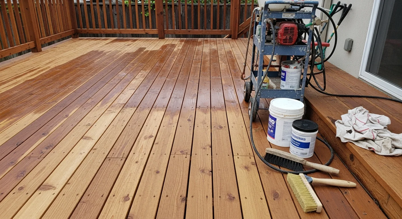 A freshly coated wood deck on a Brea residential property, showing even color and smooth surface after restoration coating has been applied. The surrounding yard and exterior trim reflect a typical single-family home in the Brea area of Orange County.
